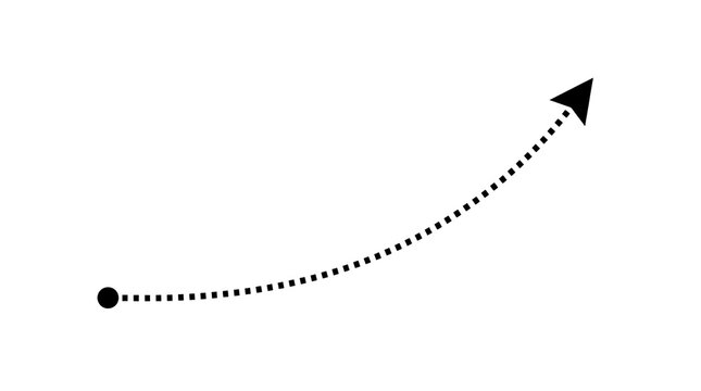 Minimalist dotted arrow curving upward, black dashed pointer line on white background, simple growth and direction indicator