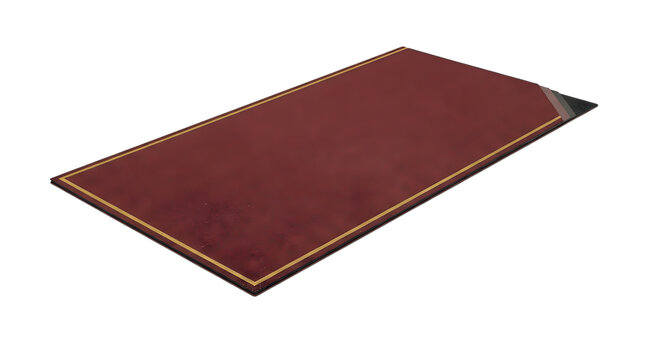 Burgundy red desk mat with gold border, elegant leather writing pad isolated on white, luxury office desk blotter