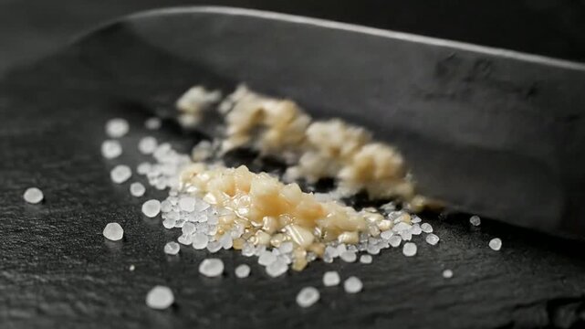 Experienced culinary chef demonstrating precise garlic mincing technique for authentic garlic paste preparation in professional kitchen workspace w...