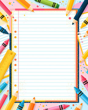 School notebook background pencil crayon ruler paper colorful border stationery blank lined school notebook paper background with colorful pencil crayon border and ruler detail playful design