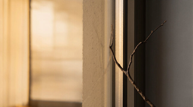 Bare branch pressing against a glass window pane reflecting soft indoor firelight