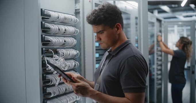 Male IT Engineer Checks Rack Connections While Consulting Tablet, Verifying Physical Cabling Against Network Records During Structured Infrastructure Inspection. Maintains Data Center Infrastructure.