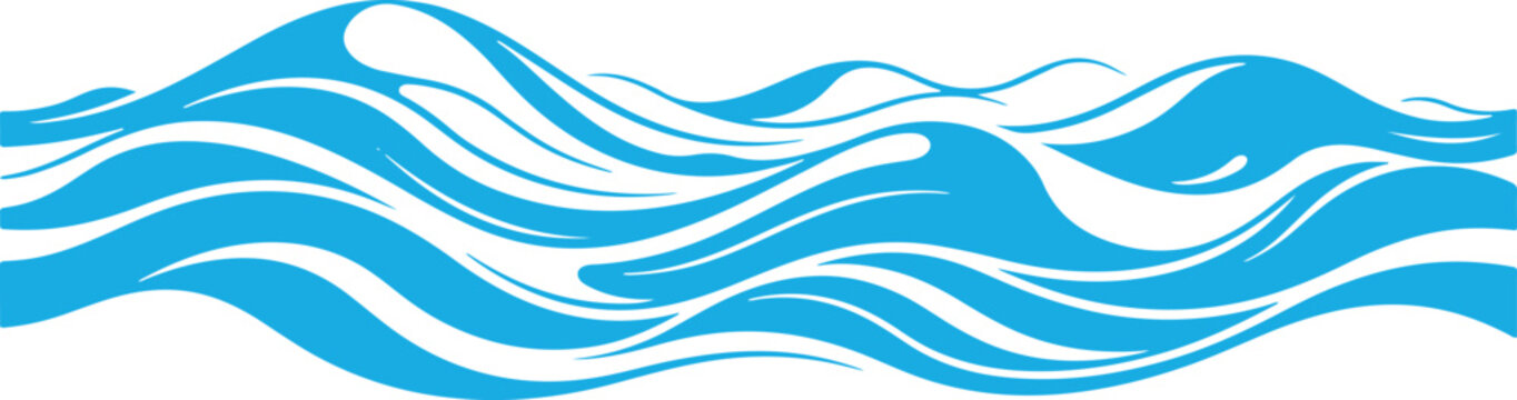Abstract blue water wave pattern with flowing curves and white highlights on a white background