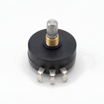 Rotary potentiometer variable resistor component with metal shaft isolated on white background