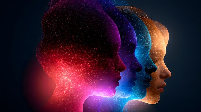 Collective consciousness evolution concept with glowing particle silhouettes of human profiles representing diverse digital identities and metaverse avatars