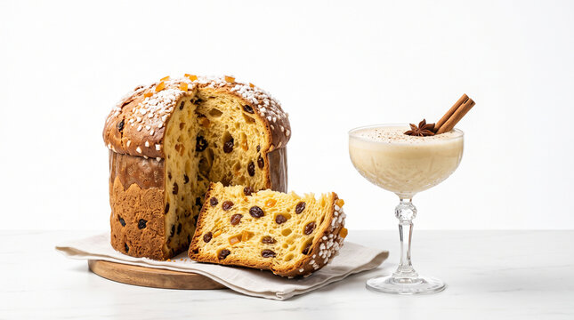 Traditional Italian Christmas panettone sweet bread with cut slice and glass of spiced eggnog isolated on white background stock photo&mdash;featuring candied orange peel, raisins, powdered sugar pearls, ci