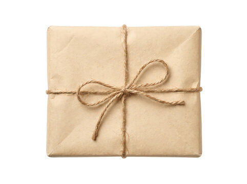 Brown gift box tied with twine on neutral background