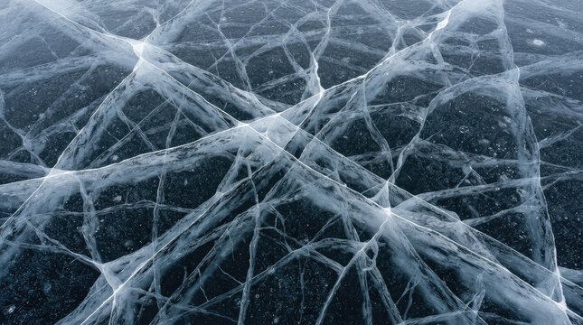 Abstract texture of deep cracks on frozen blue ice surface in winter