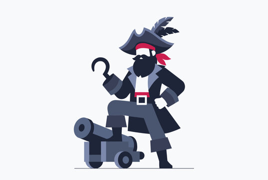 Full body flat vector of a classic pirate captain with a hook hand standing proudly with one foot on a cannon.