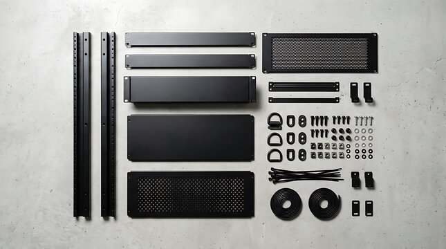 Unassembled modular av rack components and mounting hardware arranged flat lay on a concrete background