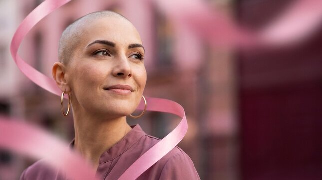 Mulher sem cabelo reflexiva com la&ccedil;o rosa