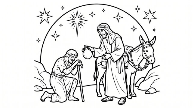 Good Samaritan biblical parable coloring page offering water flask to kneeling traveler under Bethlehem star stock illustration&mdash;featuring faithful donkey, starry desert night sky, rocky hills, and Chr