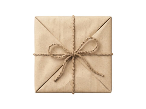 Brown gift package tied with natural bow on kraft paper