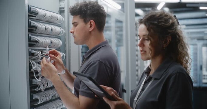 Two Data Center Engineers Perform Collaborative Maintenance, With Male Technician Re Patching Switch Ports While Female Specialist Coordinates Work and Verifies Physical Connections For Reliability.