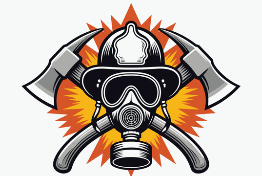 Firefighter emblem featuring a protective helmet with gas mask and crossed axes over an orange fire explosion background.