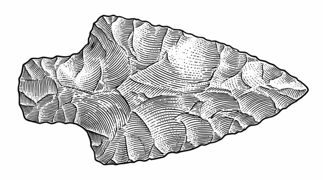 Detailed monochrome illustration of a prehistoric stone arrowhead showing flaked flint textures for archaeological study or historical education