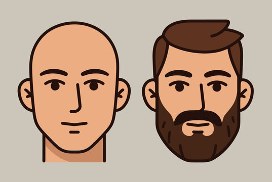 Comparison portraits of two men showing one bald clean shaven man and one man with thick hair and a full brown beard.
