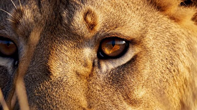 Intense extreme macro view of a majestic lion's amber eye opening and closing slowly, showcasing intricate iris details, golden fur, and powerful wild feline gaze in stunning clarity.