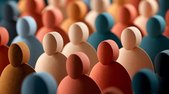 Demographic workforce diversity concept showing abstract geometric human figures in varied colors symbolizing inclusive corporate community and social structure