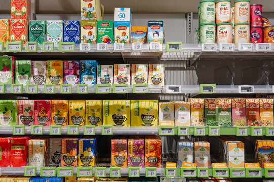 August 20, 2026, Amsterdam, Netherlands - Supermarket shelves stocked with various brands of tea and tea products at Albert Heijn XL