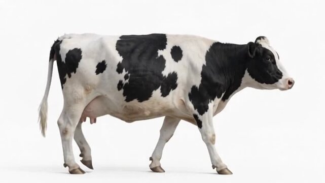 A side view of a black and white Holstein cow walking gracefully across a clean isolated white background showcasing natural farm animal beauty
