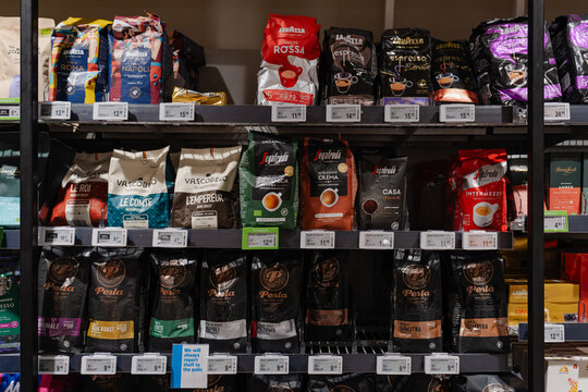 August 20, 2026, Amsterdam, Netherlands - Coffee bags displayed on shelves in Albert Heijn XL supermarket