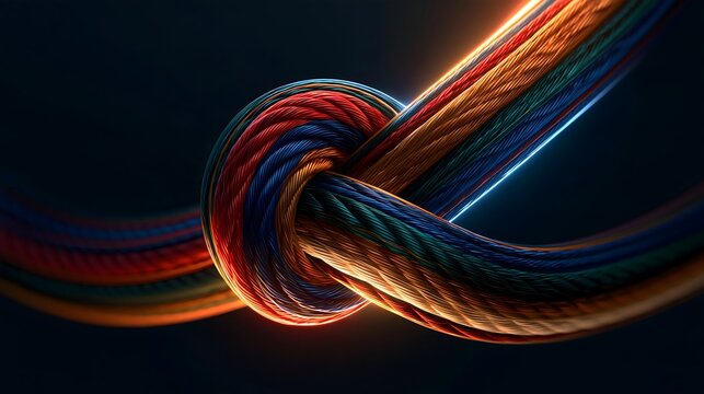 Network connectivity data integration concept showcasing multicolored glowing fiber optic cables tied in a knot representing complex technological infrastructure
