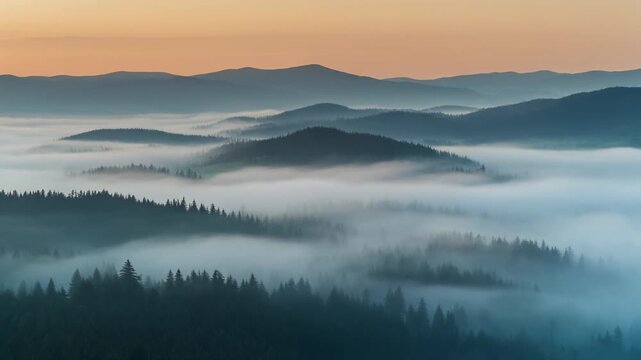 Misty mountain range with rolling fog during golden hour sunrise over evergreen forest
