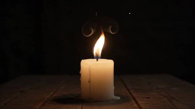 White candle flame flickers on a wooden table in the dark room.