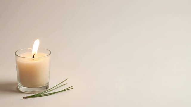 Scented candle burns brightly in a glass jar alongside fresh pine needles.