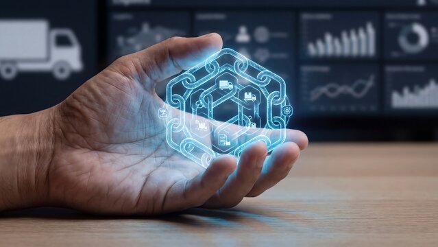 Supply chain management platform, hand holding holographic chain link network with truck delivery and logistics icons above analytics dashboard screens, procurement traceability and operational
