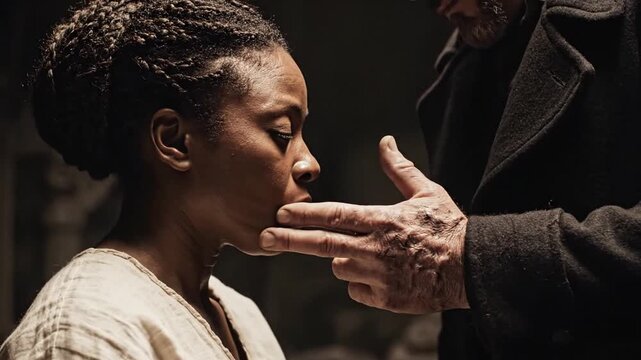 Mature female portrait kneeling in submissive pose as male hand touches her face and lips in intense emotional interaction reflecting power dynamics and obedience within close contact