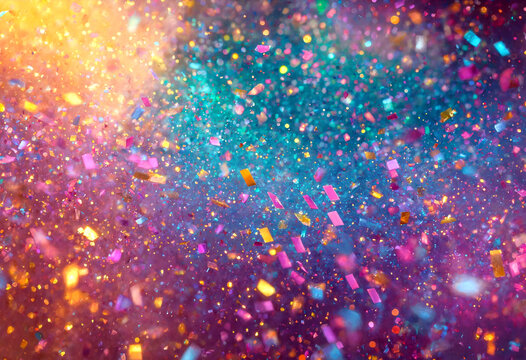 Colorful glitter and confetti particles sparkling with vibrant hues and bright light effects for festive celebrations