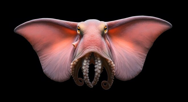 Dumbo Octopus with wide fins against dark background during deep sea exploration