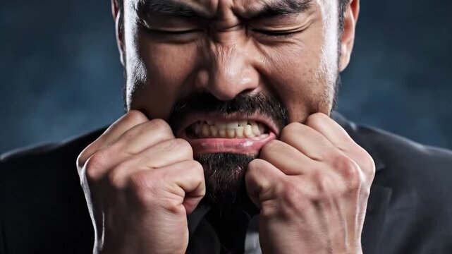 Close up of a middle aged man with intense angry facial expression grinding his jaw in frustration. Cropped mouth of a bearded businessman feeling extreme irritation, stress, and pent up rage.