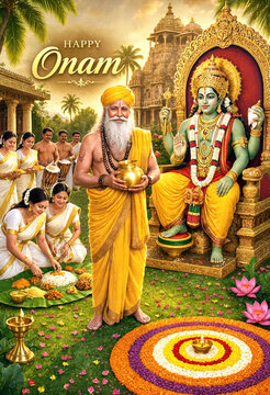 Colorful Onam festival celebration with traditional rituals and deity worship in Kerala