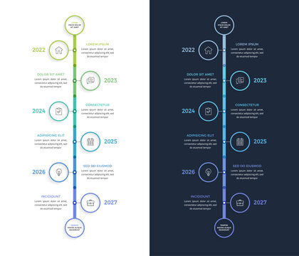 Six step vertical timeline infographic template with a central line and circle markers. Business 6 steps process chart or schedule graphic. Vector template