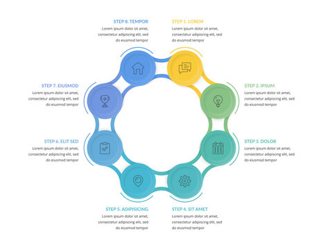 Circular interconnected diagram layout with eight options or steps, ideal for business and workflow presentations