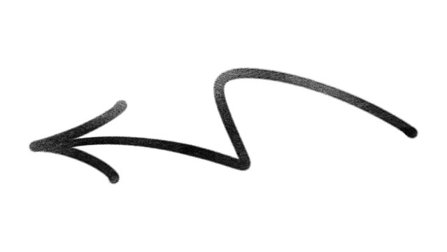 Graffiti marker spray arrow pointing left with wavy S-curve line stroke isolated on white background. Hand drawn doodle symbol for urban street art layout design.