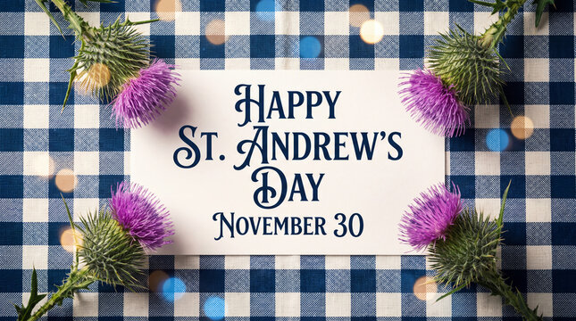 A festive greeting card for St. Andrew's Day on November 30th, decorated with purple Scottish thistles on a blue and white checkered background with bokeh.