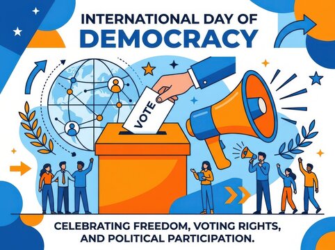 International day of democracy illustration with people voting and megaphone for political participation concept isolated on white background