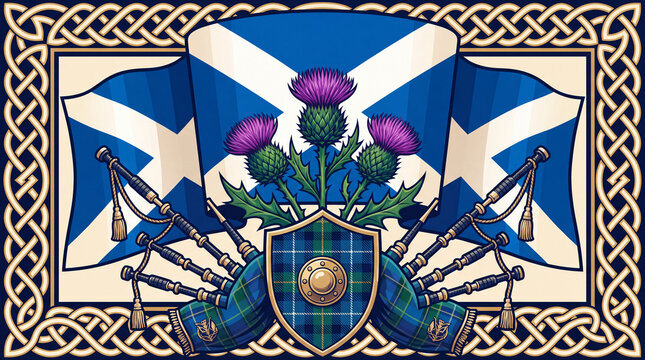 An illustration featuring the Scottish Saltire flag, traditional bagpipes, a tartan shield, and purple thistles, framed by an intricate Celtic knotwork design.