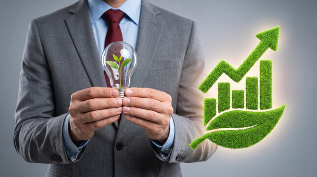 Carbon emission chart showing businessman holding energy efficient light bulb. green renewable energy sustainability. future management responsibility, graph report statistic analysis monitoring