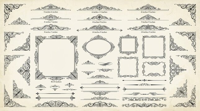 Ornate vintage frame and decorative border collection featuring elegant flourish scrolls and detailed classic vector flourishes isolated on a light parchment paper textured background design