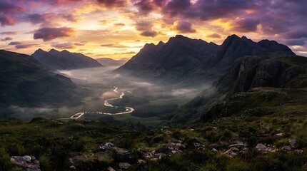 Obraz premium Mountain valley landscape glows under a dramatic sunset sky.