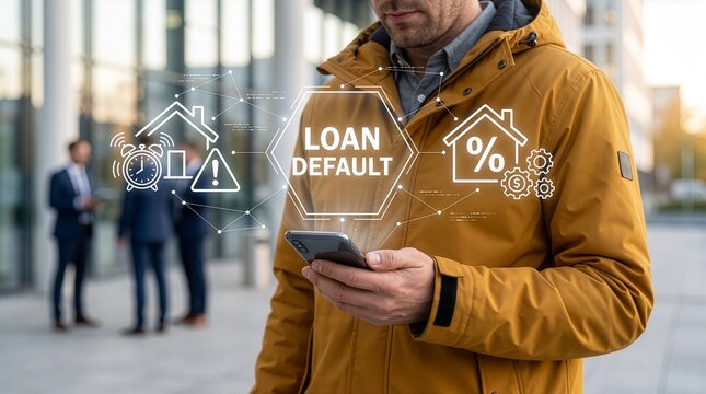 Person using smartphone with digital loan default and mortgage icons overlay.Concept of loan default