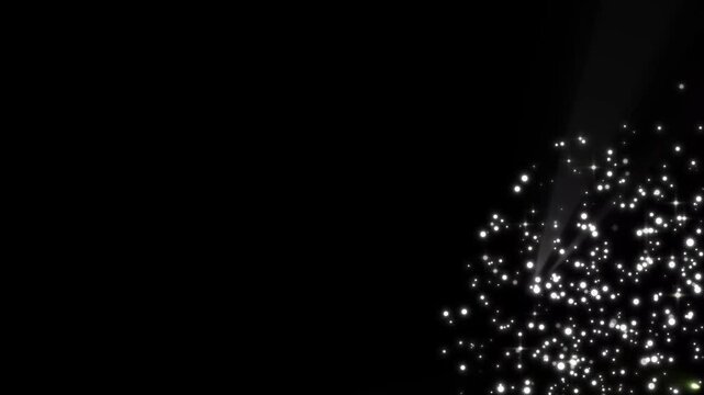 Shining white glitter sparkle star burst animation on black background, bottom right corner glowing particle explosion, cinematic shimmer overlay effect, magic particle trail video. 4k