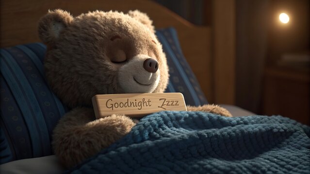 Cute teddy bear sleeping in bed with a wooden goodnight sign under a blue blanket