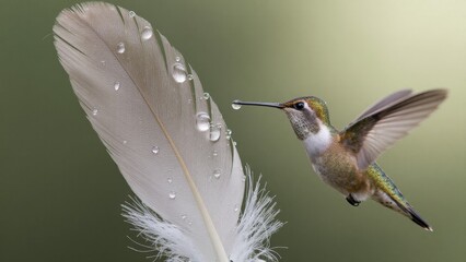 Fototapeta premium Hummingbird Near Soft Feather with Water Droplets in Green Background