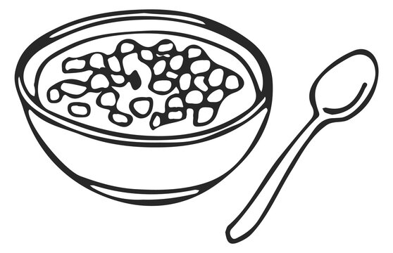 Grain cereal dish sketch. Breakfast bowl drawing